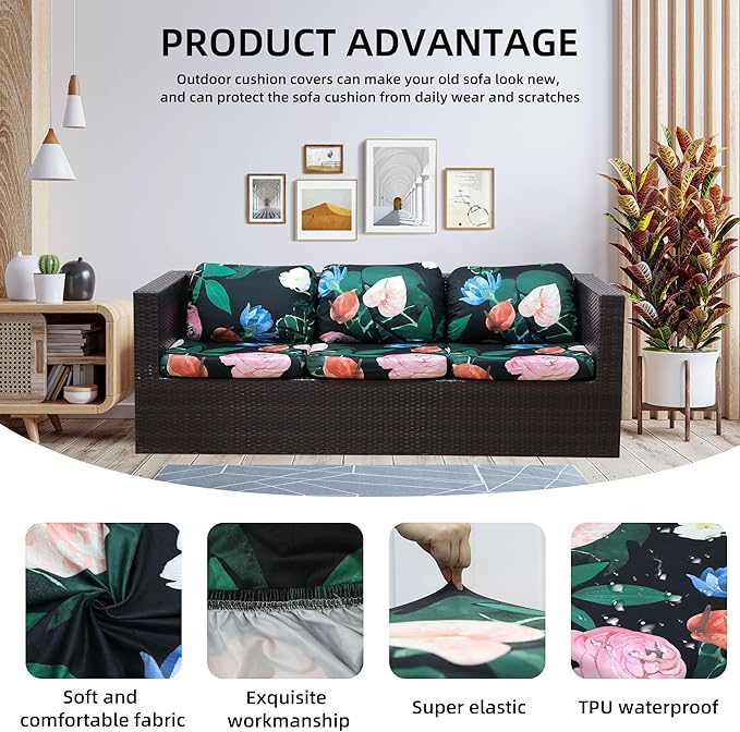 8Pcs Stretch Patio Cushion Covers Waterproof Outdoor Cushion Covers Patio Couch Cover Slipcovers, for Outdoor Furniture Protector Covers Replacement(Cover Only) (Flowers)