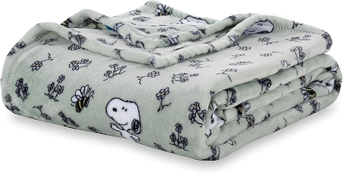 Berkshire Blanket Peanuts® VelvetLoft® Cute Character Snoopy Plush Blanket,Peanuts Snoopy & Woodstock New Flower and Bees Sage,King 90 in x 108 in (Official Peanuts® Product)