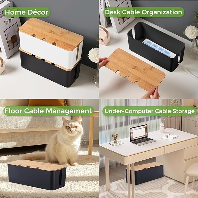 Cord Organizer Box Black 2 Pack, Wooden Cable Management Box with Cable Clip Holders and Reusable Cable Ties, Cord Management Box Cable Organizer Box with Bamboo Lid for Power Strip Extension Cord