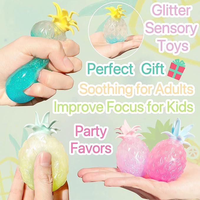 Pineapple Stress Balls for Kids and Adults Squishy Glitter Fruit Fidget Toys, (4pack) Sensory Stress Relief Toy Stretch Squeeze Ball, Stress Anxiety Relief Fidget Squishy Ball for ADHD Autism