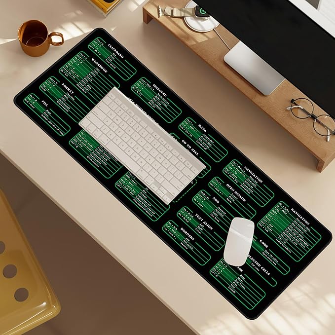 Excel Cheat Sheet Desk Pad, 31.5"x11.8", Waterproof Extra Large Excel Shortcut Mat with Stitched Edges, Anti-Slip Excel Mouse Pad for Office Desk, MS Excel/Word Shortcuts (Green Excel A)