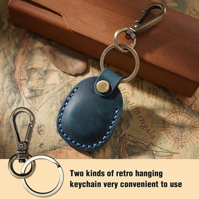 Genuine Leather Airtag Holder, Portable Air Tag Keychain with Key Rings Full Coverage Air Tags Hidden Case Cover Compatible for AirTags Blue