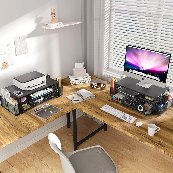 Desk Organizer and Accessories, 2-Tier Computer Monitor Stand Riser with Drawer and 2 Pen Holders, Laptop Stand, Office Desk Accessories for Office Supplies, Black