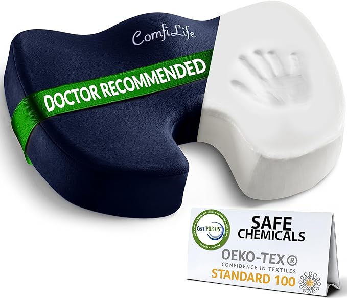 ComfiLife Premium Seat Cushion – 100% Memory Foam Office Chair Cushion, Back Relief (Navy)