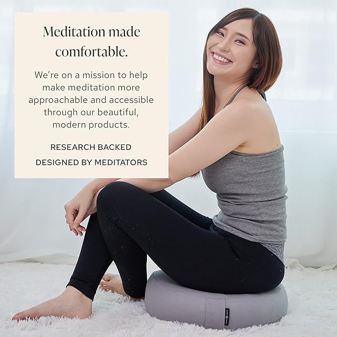 Mindful & Modern Large Meditation Cushion | Zafu Yoga Bolster Meditation Floor Pillow Seat | Buckwheat Hull Filled Crescent Shaped Cushion with Removable Washable Cover + Carry Handle