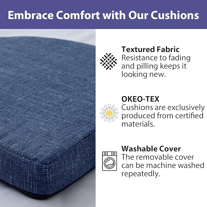 Chair Cushions for Dining Chairs with Ties and Removable Cover, Dining Kitchen Chair Pads with Non-Slip Bottom, High-Resilience Indoor Seat Cushions, 16'' x 16'' x 2'', Set of 6, Navy