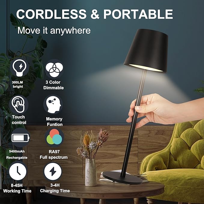 2-Pack Cordless Metal Table Lamp, 3 Adjustable Heights, 5400mAh Rechargeable Battery, 3 Colors Touch Dimming, Waterproof Portable Wireless Desk Lamp for Restaurant, Bedroom, Outdoor Patio
