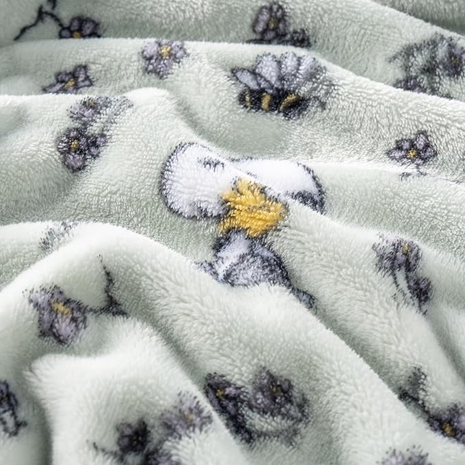 Berkshire Blanket Peanuts® VelvetLoft® Cute Character Snoopy Plush Throw Blanket,Peanuts Snoopy & Woodstock New Flower and Bees Sage,Throw 55 in x 70 in (Official Peanuts® Product)