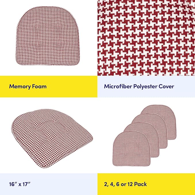 Sweet Home Collection Chair Cushion Memory Foam Pads Tufted Slip Non Skid Rubber Back U-Shaped 17" x 16" Seat Cover, 4 Count (Pack of 1), Houndsooth Red