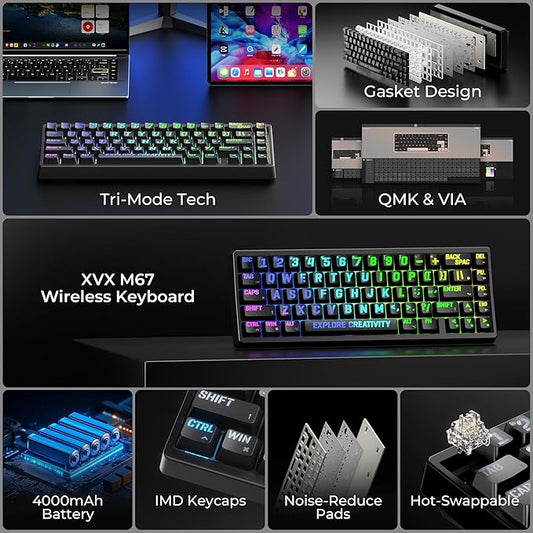 x XVX M67 Wireless 60% Percent Keyboard, QMK/VIA Topographic Gaming Keyboard, Tri-Mode Thocky Creamy Mechanical Key board, Hot Swappable Gasket Mount RGB IMD Tech for Win/Mac, Miami Theme, Black