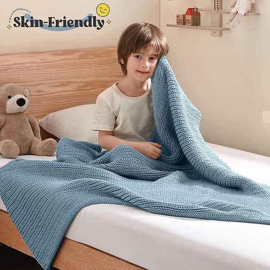 Guohaoi Knitted Weighted Blanket Kids (Haze Blue 50"x60" 5lbs) No Beads Cooling Heavy Blanket, Home Decor Breathable Chunky Knit Throw Blanket for All-Season Use