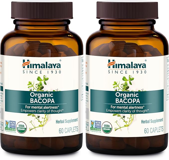 Himalaya Bacopa Monnieri Nootropic Herbal Supplement, Mental Alertness, Supports Calm, Memory, Cognition, USDA Organic, Non-GMO, 750 mg, 60 Plant-Based Caplets, 2 Pack, 120 Day Supply