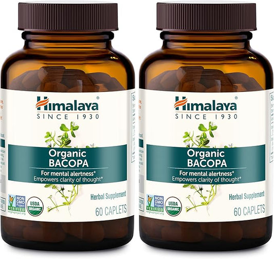 Himalaya Bacopa Monnieri Nootropic Herbal Supplement, Mental Alertness, Supports Calm, Memory, Cognition, USDA Organic, Non-GMO, 750 mg, 60 Plant-Based Caplets, 2 Pack, 120 Day Supply