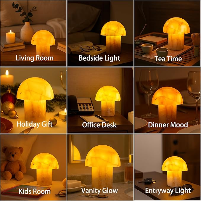Marble Touch Table Lamp 4.3" x 4.7" – Natural Onyx Mushroom LED Night Light, Rechargeable Soft Glow Stone Bedside Lamp for Meditation, Yoga, Bedroom, Entryway Decor