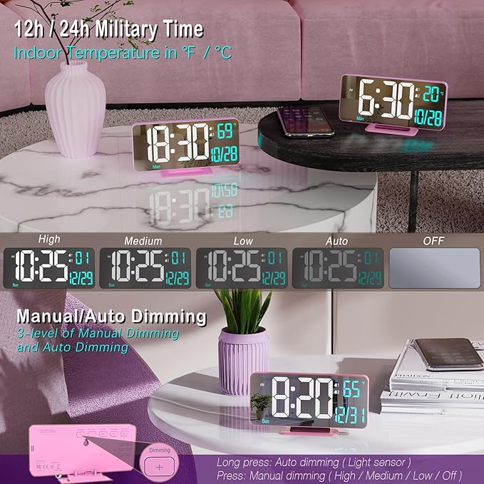 Pink Digital Clock for Bedroom 6.7in Dual Alarm Clock with Dimming, 12/24h, Seconds, Date, Day of Week, Temp, Desk Clock, LED Clock for Table Decor, Digital Calendar Table Clocks for Bedrooms KOSUMOSU