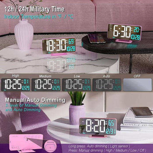 Pink Digital Clock for Bedroom 6.7in Dual Alarm Clock with Dimming, 12/24h, Seconds, Date, Day of Week, Temp, Desk Clock, LED Clock for Table Decor, Digital Calendar Table Clocks for Bedrooms KOSUMOSU