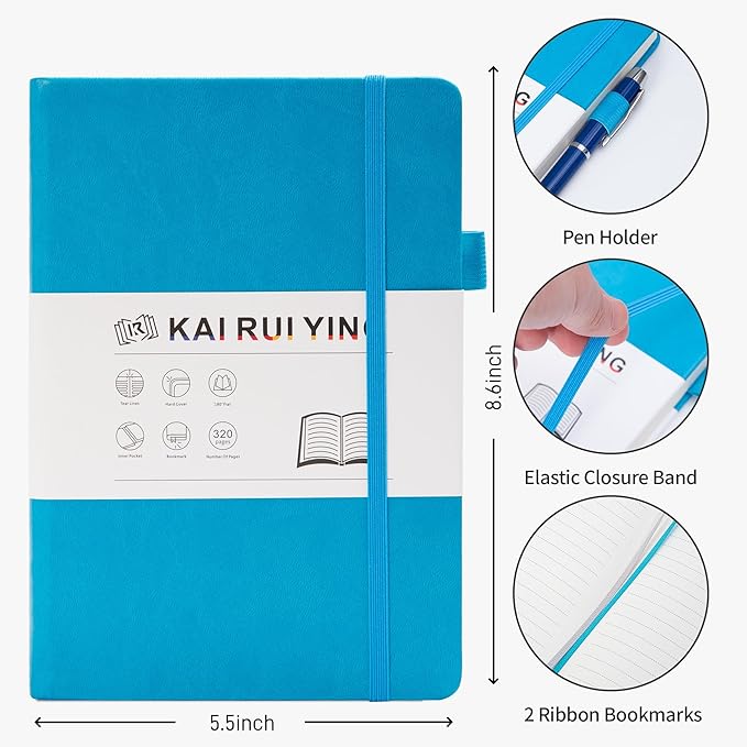 KaiRuiYing Lined Journal Notebook with Pen Holder, 320 Pages, 5.5'' × 8.6'' Medium Size A5-100 GSM Thick Paper, for Writing, Work, Office, Leather Hardcover