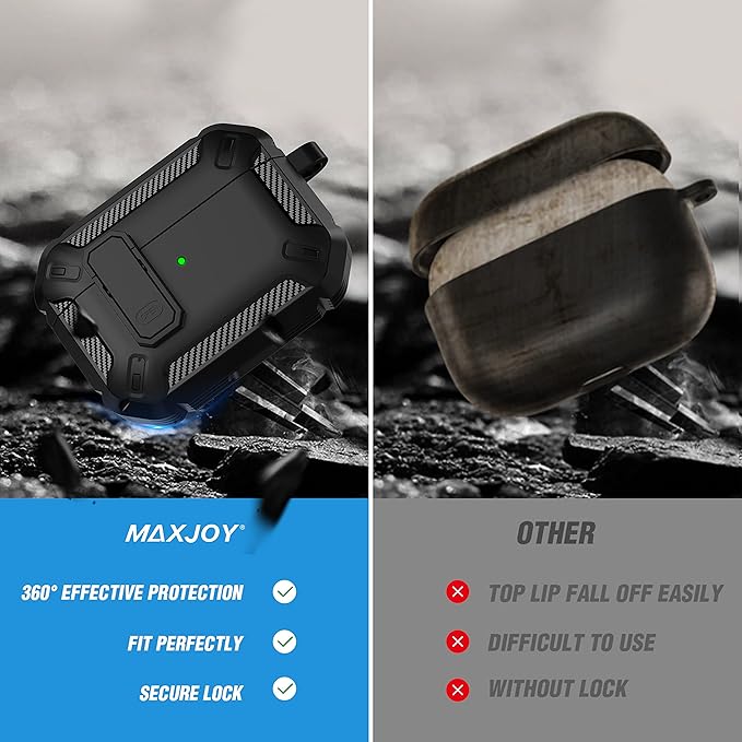 Maxjoy for AirPods Pro Case Cover with Lock, AirPods Pro 1st Generation Case for Men Military Rugged Protective Cover with Keychain Compatible with Apple AirPod Pros 2019 Front LED Visible, Black
