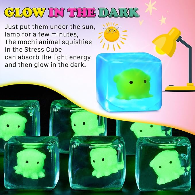 Squishy Stress Cube Fidget Toys Adults - Glow in The Dark Octopus Sensory Toys for Kids with Autism Stress Balls for Kids Squeeze Toys for Anxiety Stress Relief Gifts