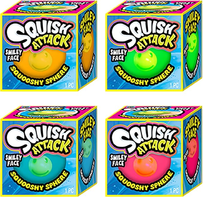 JA-RU Squish Attack Ball (4 Units Assorted) Squooshy Sphere with 6 Different Smiley Faces. Fidget Squishy Toy for Kids, Teen, & Adult. Soft Stress Therapy, Squish and Stretch Party Favor. 5606-4