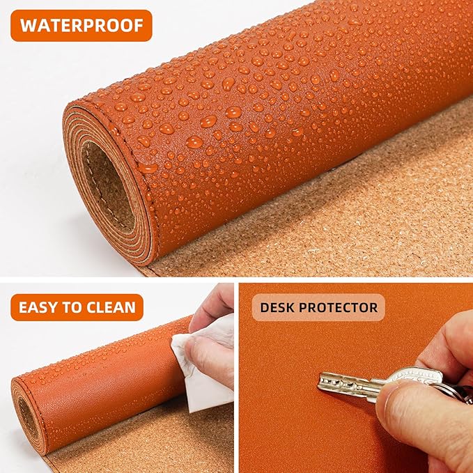 Large Desk Mat -47.2" x 17" Leather Desk Pad Protector with Natural Cork & PU Leather, Non-Slip Office Desk Mat, Double-Sided Mouse Pad, Waterproof Large Desk Pad for Office&Home (Orange)…