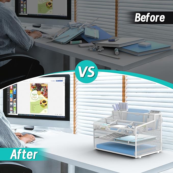 3 Tier Mesh Desk Organizer,Multi Functional Letter Paper Tray with 3 Pen Holders and 5 Adjustable Storage Compartments for Office Supplies Files and Mail Space Saving Desktop Organizer-White