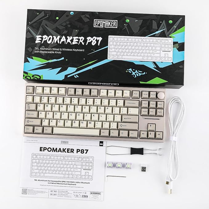EPOMAKER P87 TKL Aluminum Wireless Gaming Keyboard, QMK/VIA Programmable, 87% Bluetooth/2.4Ghz/USB-C, with CNC Metal Knob and RGB Backlight (Khaki, Wisteria Linear Switch)