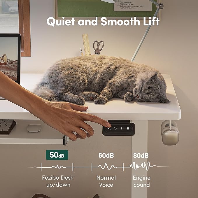 FEZIBO Standing Desk with Keyboard Tray, 55 x 24 Inch Adjustable Height Sit Stand Desk with Memory Presets for Home Office, Ergonomic Computer Workstation, White