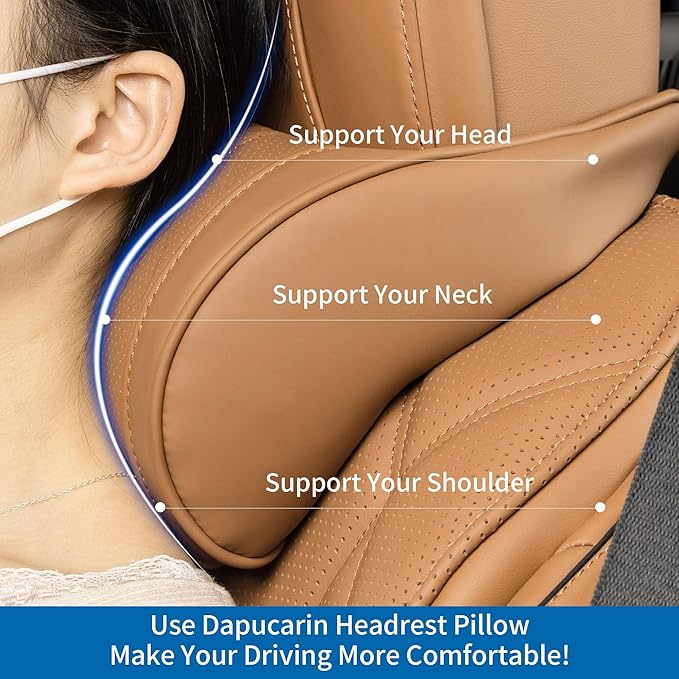 Car Headrest Memory Foam Neck Pillow for Driving with Leather Cover Soft Comfortable Seat Head Pillow Cushion for Most Cars SUV Sedan Home Office Palomino Brown (2PC)