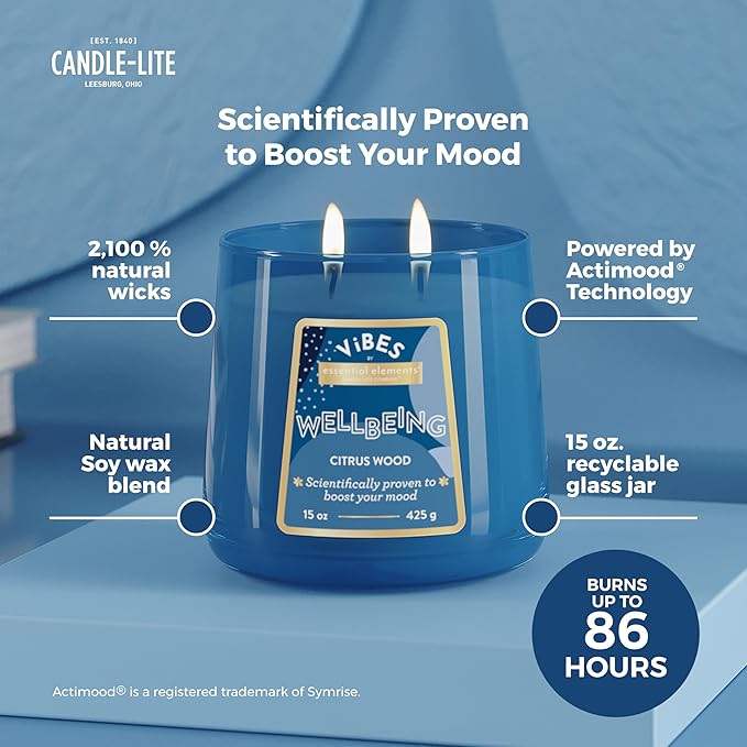 Candle-Lite Vibes Citrus Wood Mood-Enhancing Scented Candles, 15 oz Jar, Aromatherapy, Proudly Poured in The USA, 2-Wick, 86 Hours Burn Time, Perfect Relaxation Gift