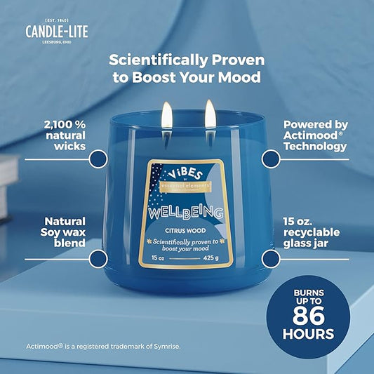 Candle-Lite Vibes Citrus Wood Mood-Enhancing Scented Candles, 15 oz Jar, Aromatherapy, Proudly Poured in The USA, 2-Wick, 86 Hours Burn Time, Perfect Relaxation Gift
