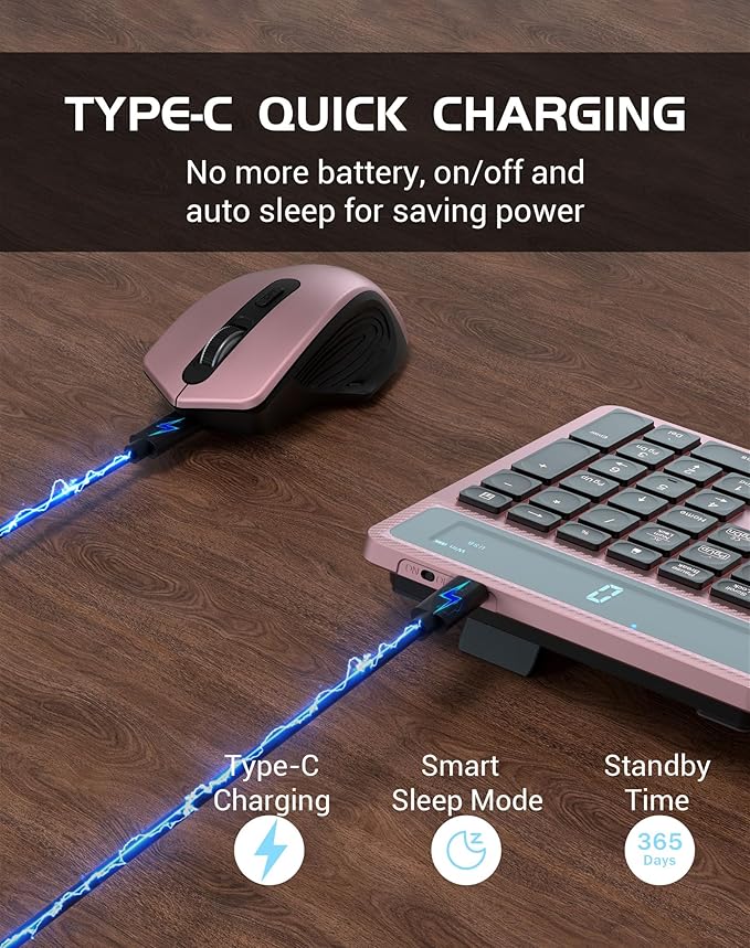 Wireless Keyboard Mouse Combo, Full Size Ergonomic Keyboard with Backlit, Wrist Rest, Calculator, Phone Holder, 2.4Ghz Silent Cordless Rechargeable Keyboard & Mouse for Laptop, PC (Pink Black)