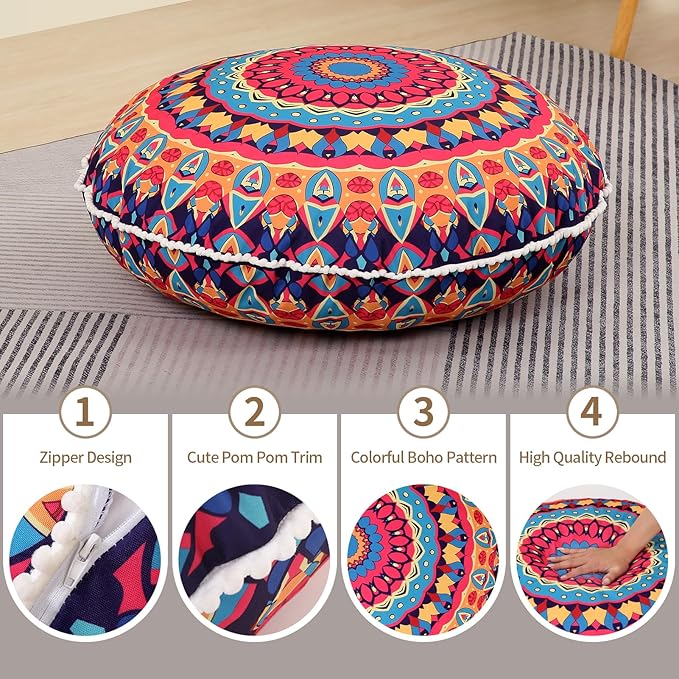 32 inches Meditation Floor Cushion for Adults, Round Large Thick Floor Pillow, Memory Foam Filling, Red