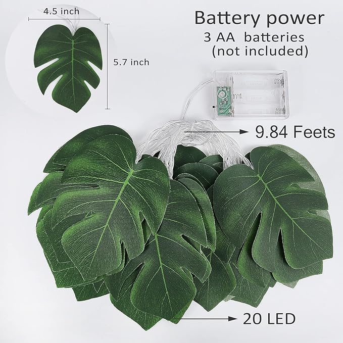 RECUTMS 20LED Monstera Leaf String Lights, Tropical Artificial Rattan Palm Leaves Wall Hanging Vine Greenery,Summer Decorations for Outdoor Indoor Hawaiian Luau Jungle Beach Theme Party Table Home