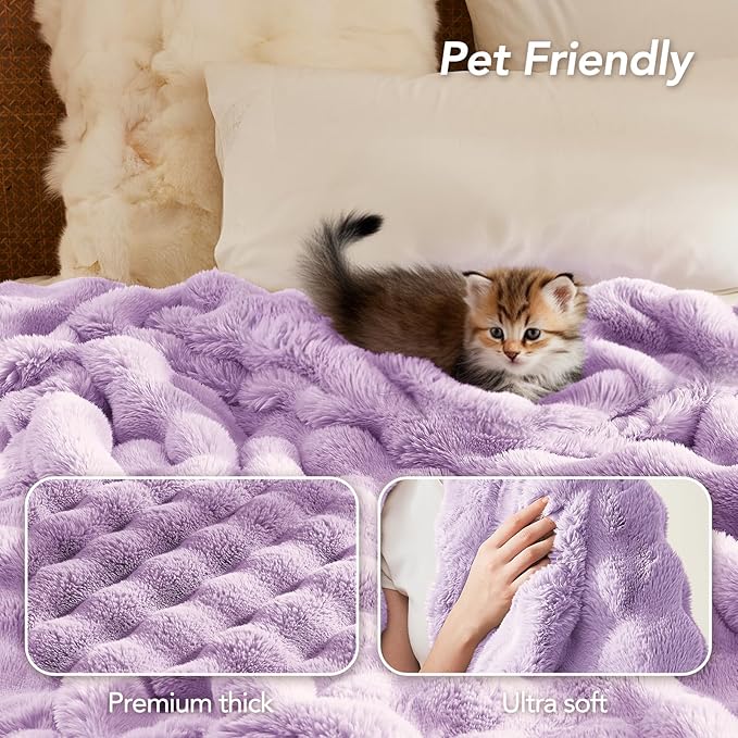 L'AGRATY Faux Fur Throw Blanket: 60" x 80" Luxury Soft Fluffy Rabbit Fur Blankets Twin for Couch Bed Sofa - Cozy Plush Bubble Blankets for Winter: Flannel Fleece Decorative Blanket(Purple)