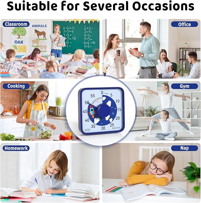 Secura 7.5-Inch Rocket Pattern Visual Timer for Kids, 60-Minute Countdown Timer for Classroom or Kitchen, Durable Mechanical Timer Clock with Magnetic Backing (Blue)