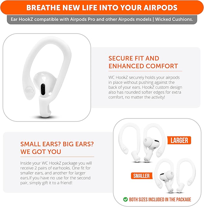 WC HookZ - Patented Upgraded Over Ear Hooks for AirPods Pro 1, 2 & AirPods 1, 2 & 3- Two Size Pairs Included in Package, Unique Left & Right Hook, Made by Wicked Cushions | Winter White