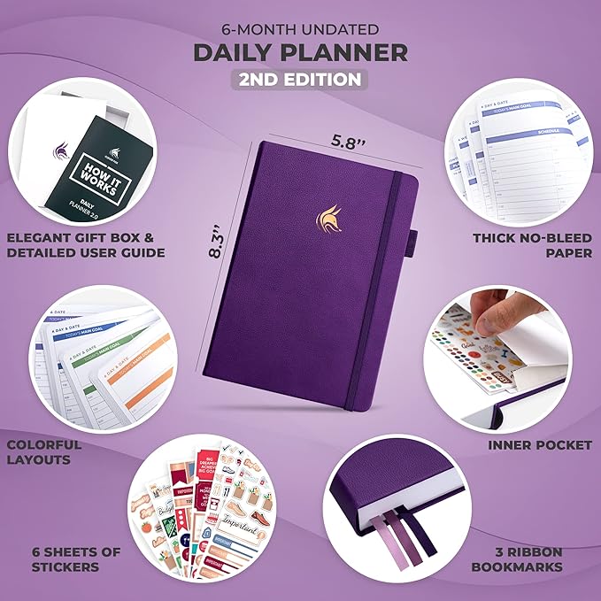 Clever Fox Daily Planner 2nd Edition – Undated Time Block Task Organizer with Hourly Schedule & To-do list – A5, 6 Months (Purple)