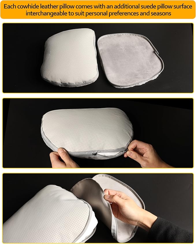 Genuine Cowhide Leather Headrest car Neck Pillow,Head Support Rest Driver,11.8x7.5”Real Cow Leather,Suede,Plant-Based Polyester,refillable&Adjustable Travel Vehicle Cushion(Off-White,1p)