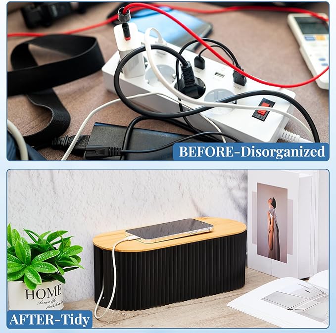 Marsui 2 Pcs Cable Management Box Cord Hider Box Cord Organizer with 46 Pcs Cable Management Kit Wire Box for Power Strips Surge Protectors Desk TV Computer Wires Home Office（Black）