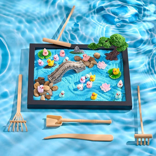 Soulchen Zen Garden Kit for Desk Decor Zen Sand Garden Box Set with Black Wooden Tray, Blue Sand, Tools & Accessories Japanese Gifts for Desktop Meditation Room Office Home(Duck)