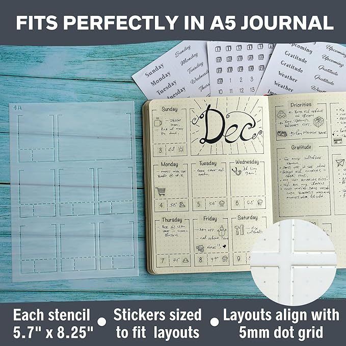 Weekly Planner Layout Journaling Supplies Kit (32 pcs) - 18 Weekly Layout A5 Planner Stencils and 14 Sheets Minimalist Planner Stickers, Planner Accessories Compatible with A5 Bullet Journals
