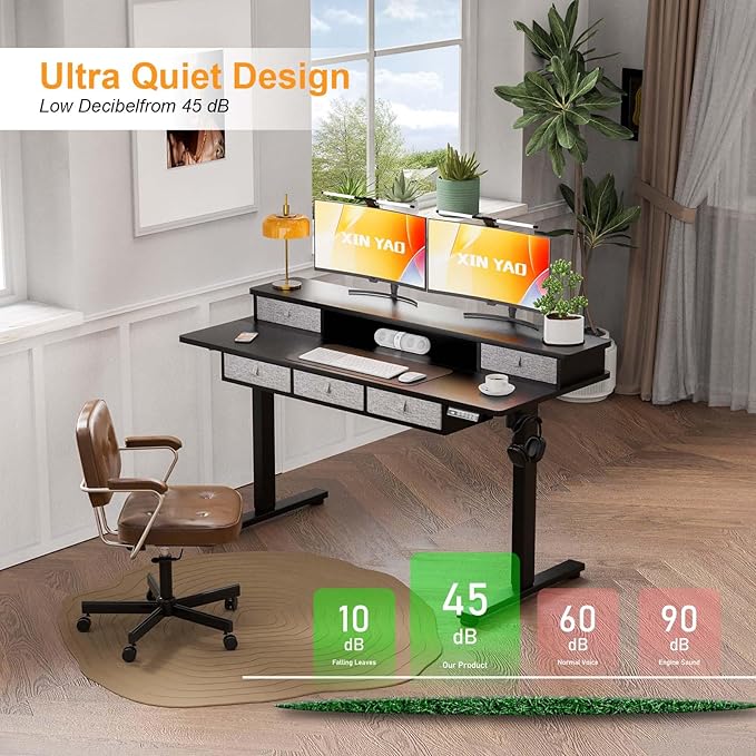 XINYAO Electric Standing Desk with 5 Drawers, 55x24 Inch Height Adjustable Sit Stand Up Desk with Storage Support 290lbs Ergonomic Rising Table with Wheels for Home Office