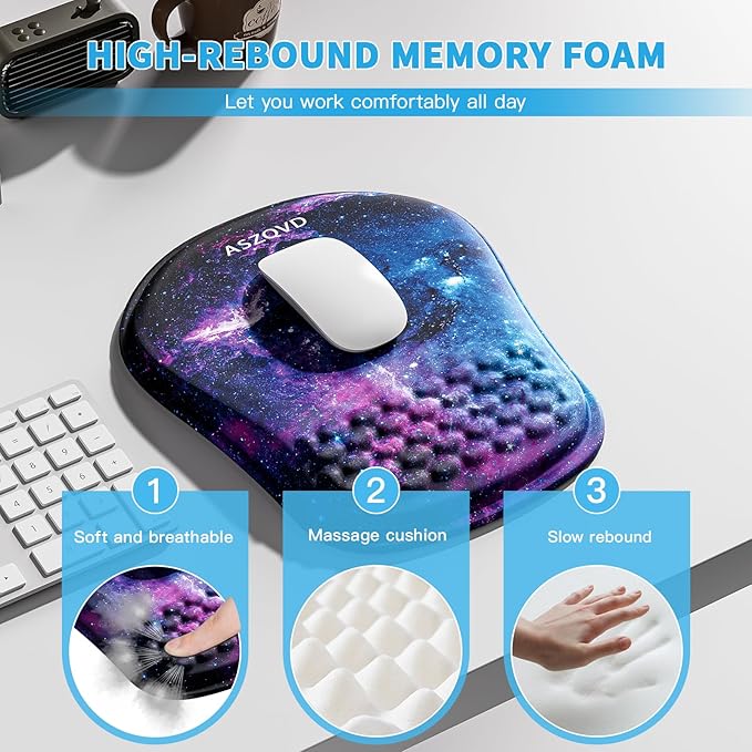Mouse Pad with Wrist Rest, Ergonomic Mousepads with Wrist Support, Soft Lycra Fabric Memory Foam Office Desk Accessories for Comfort/Pain Relief/PC Gaming/Computer/Laptop (Purple Galaxy)
