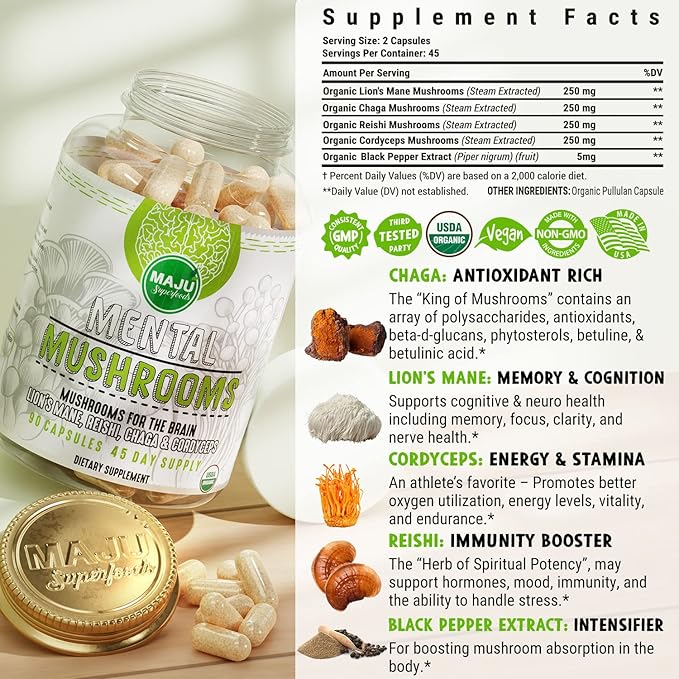MENTAL Mushroom Capsules, Organic Extract Supplement w/ Lion's Mane, Cordyceps, Reishi and Chaga, Boost Your Focus, Energy, Wellness and Immune System - Nootropic Mushrooms, Immune Support 90ct