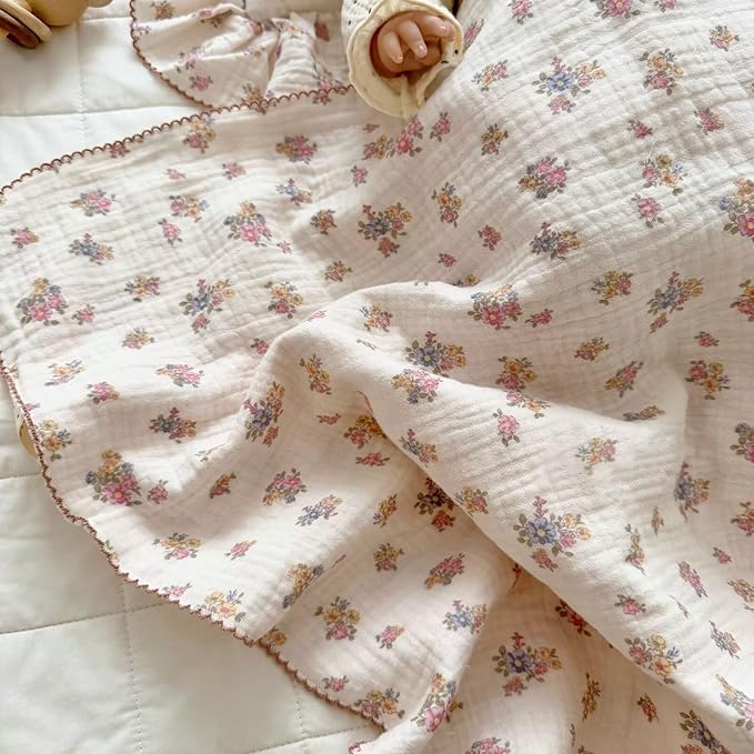 BuLuTu Muslin Cotton Baby Blanket, Tuberose Pattern Crib Blanket 47x51 Inch, Shabby Chic Pink Floral Nursery Blankets for Baby Infant Toddler Girls Boys, Super Soft Lightweight