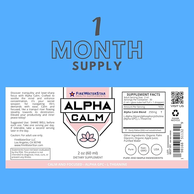 FWS Alpha GPC Calm Drops, Liquid Alpha GPC with L-Theanine, Organic, Non-GMO, Fast Acting Nootropic Brain Supplement for Memory Focus Calm, Supports Healthy Brain Function for Mental Clarity
