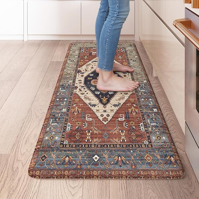 KIMODE Anti Fatigue Mat for Kitchen Floor, Boho Oriental Kitchen Rug, Non Slip Waterproof Kitchen Floor Mat, Vintage Kitchen Mat for Floor, Laundry, Office, Sink, Desk Red 20"x39"