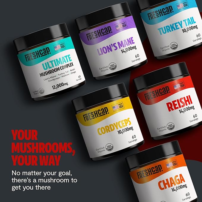 FreshCap Mushrooms Reishi Mushroom Powder 14,000mg - Organic Mushroom Extract Supplement Powder, Ayurveda Nootropic Red Reishi Supplement Blend (60 Servings)