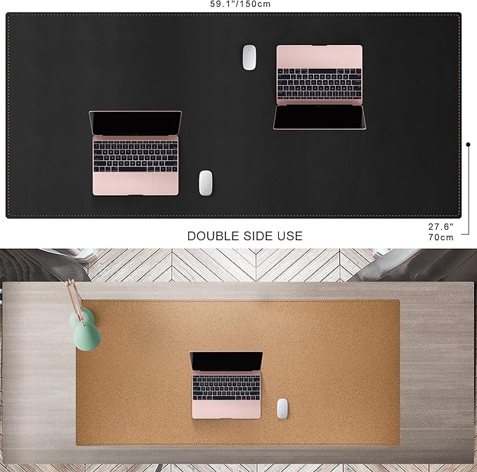 MAIDERN 59”x 27.5” Leather Desk Mat XL, Large Desk Pad, Reversible Cork & Leather Large Mouse pad for Desk, Waterproof Computer Desk Mat for Gaming Home Office (Black) …